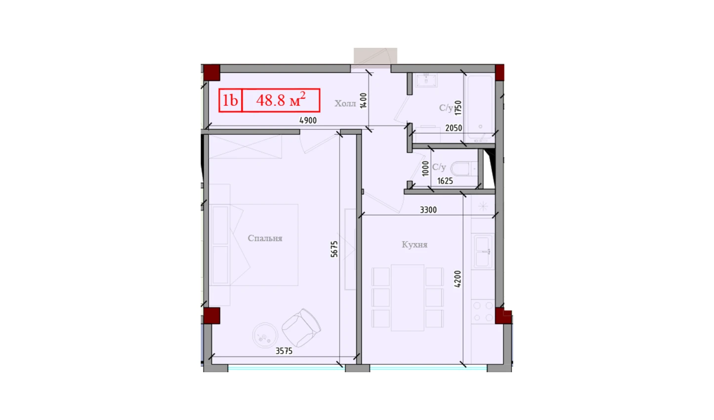 1-xonali xonadon 48.8 m²  3/3 qavat