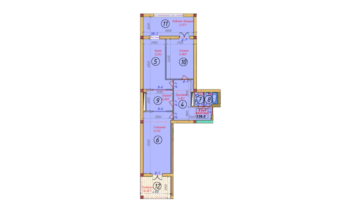 4-комнатная квартира 136 м²  2/2 этаж