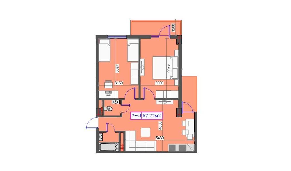 2-комнатная квартира 67.22 м²  3/3 этаж