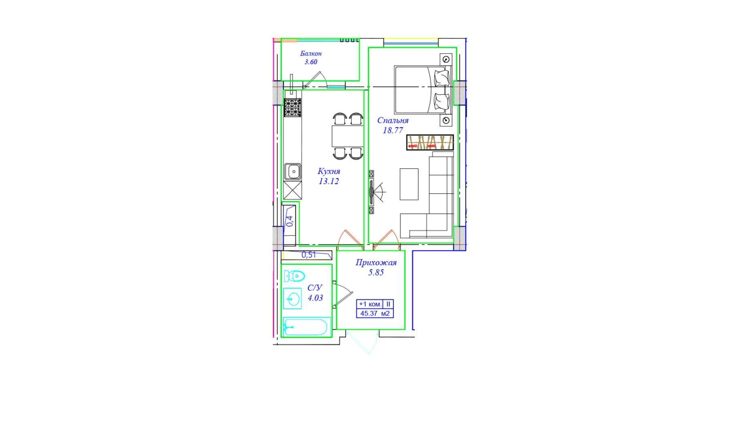 1-комнатная квартира 45.37 м²  3/3 этаж