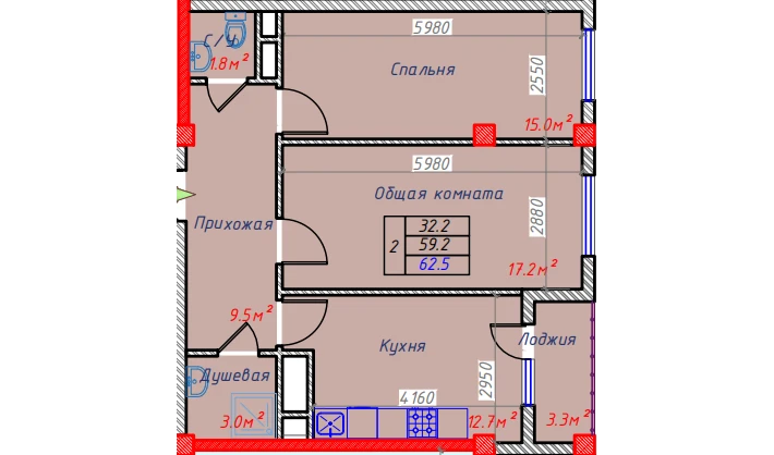 2-xonali xonadon 62.5 m²  9/9 qavat