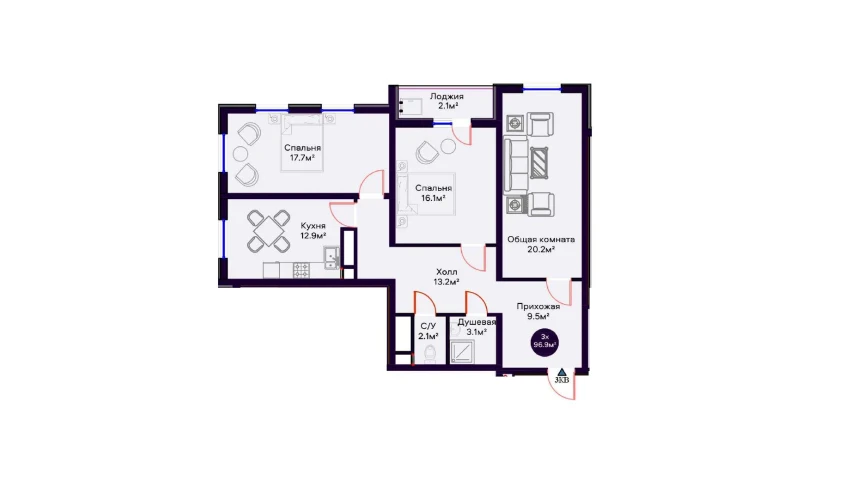 3-комнатная квартира 96.9 м²  5/16 этаж | Жилой комплекс Crystal Avenue