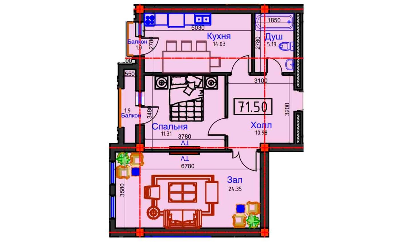 2-xonali xonadon 71.5 m²  4/4 qavat