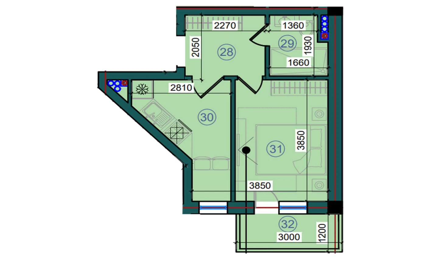 1-xonali xonadon 56.2 m²  7/7 qavat | Bristol Turar-joy majmuasi