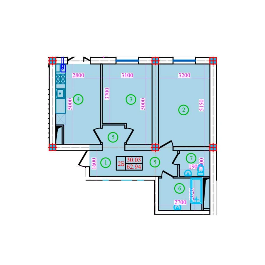 2-комнатная квартира 62.94 м²  4/4 этаж