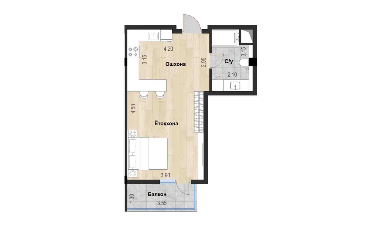 1-xonali xonadon 41.56 m²  4/7 qavat | Bochka Resort Turar-joy majmuasi