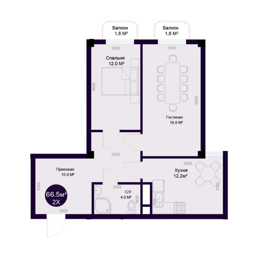 2-комн. квартира 66.5 м²  2/7 этаж | Жилой комплекс Minor