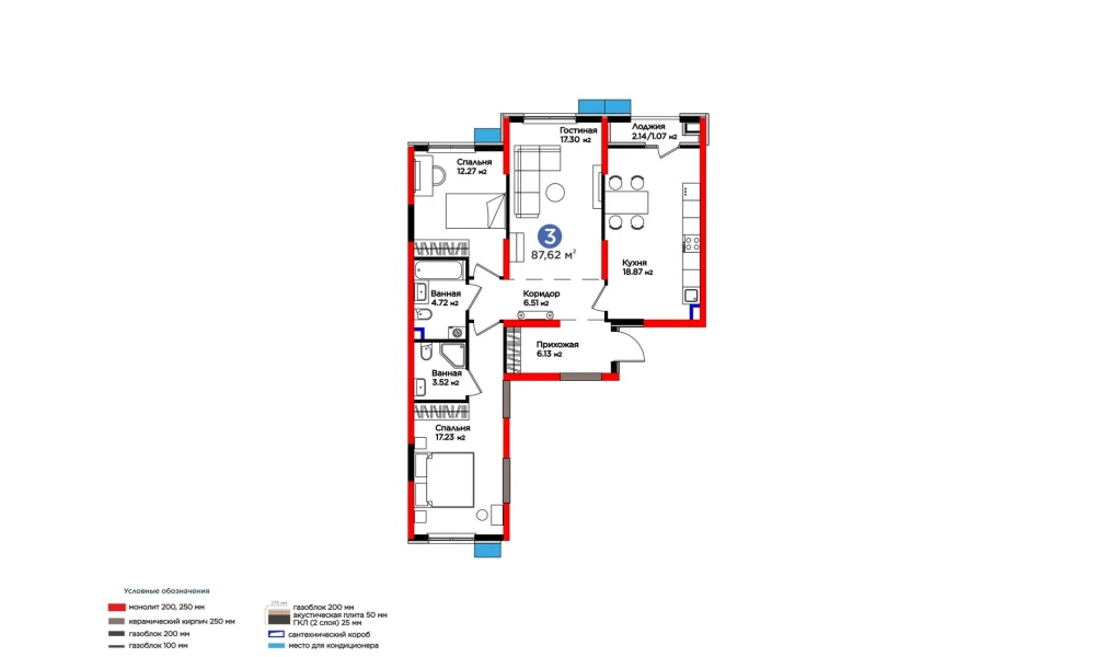 3-комнатная квартира 88.87 м²  1/1 этаж