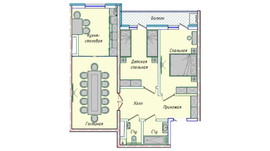 3-комнатная квартира 74.14 м²  14/14 этаж