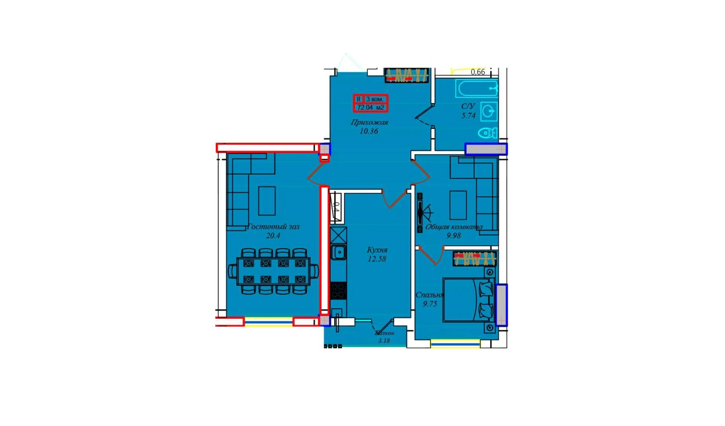 3-комнатная квартира 76.11 м²  6/6 этаж