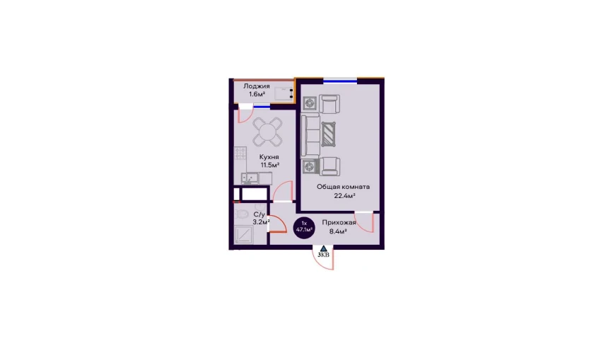 1-комнатная квартира 47.1 м²  8/16 этаж | Жилой комплекс Crystal Avenue