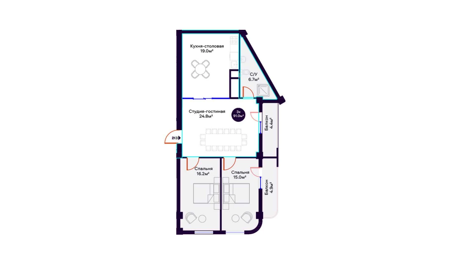 3-комнатная квартира 91 м²  12/12 этаж