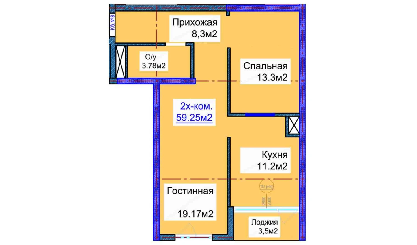 2-комнатная квартира 59.25 м²  14/14 этаж