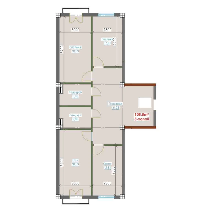 3-xonali xonadon 105.5 m²  3/9 qavat | YANGI AVLOD Turar-joy majmuasi