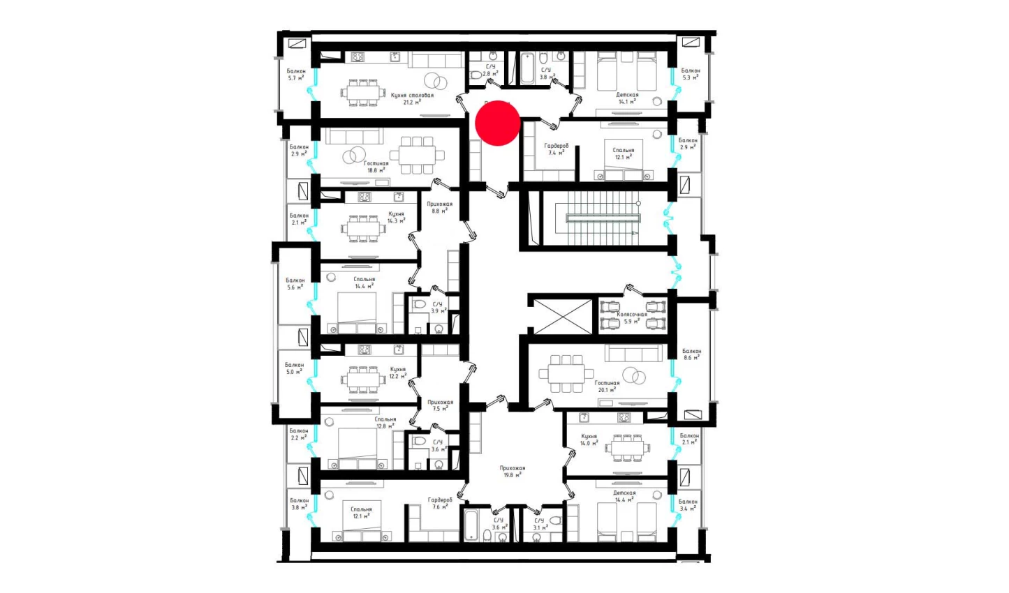 2-xonali xonadon 89.8 m²  5/5 qavat