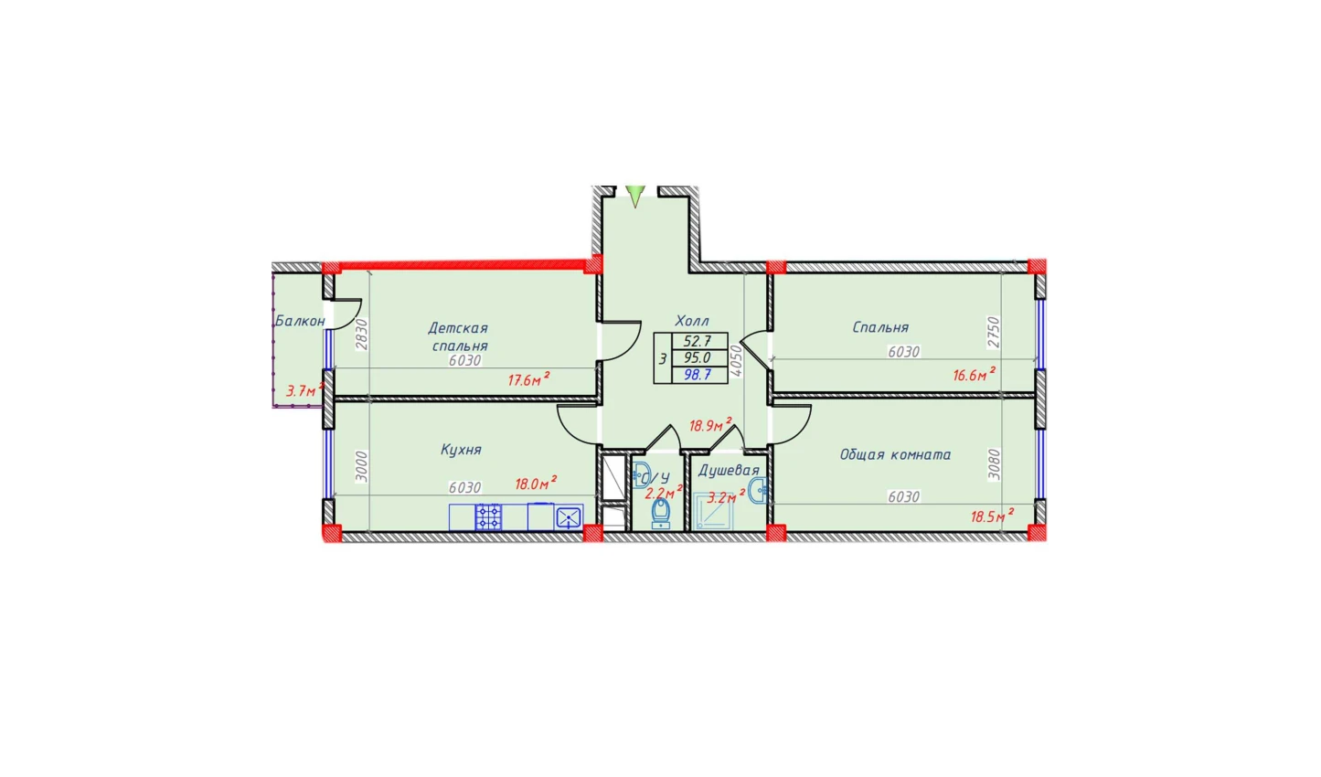 3-комнатная квартира 98.7 м²  6/6 этаж