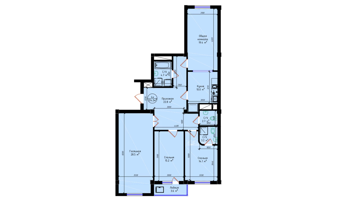 4-xonali xonadon 124.2 m²  2/2 qavat