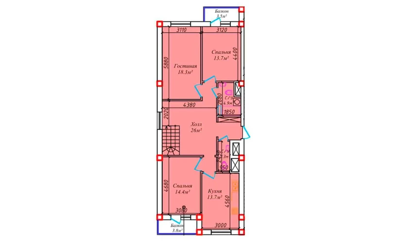 3-комнатная квартира 100.5 м²  5/6 этаж | Жилой комплекс CHIRCHIQ CITY