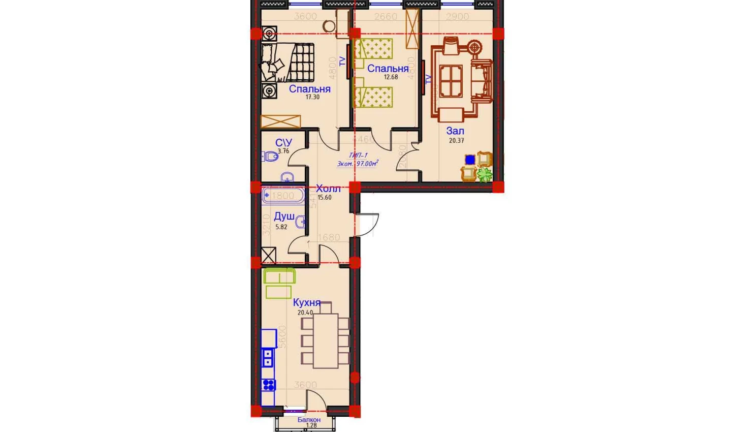 3-комнатная квартира 97 м²  7/7 этаж