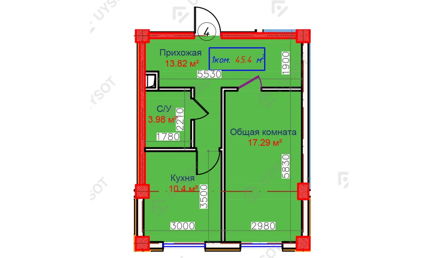 1-комнатная квартира 45.4 м²  1/1 этаж