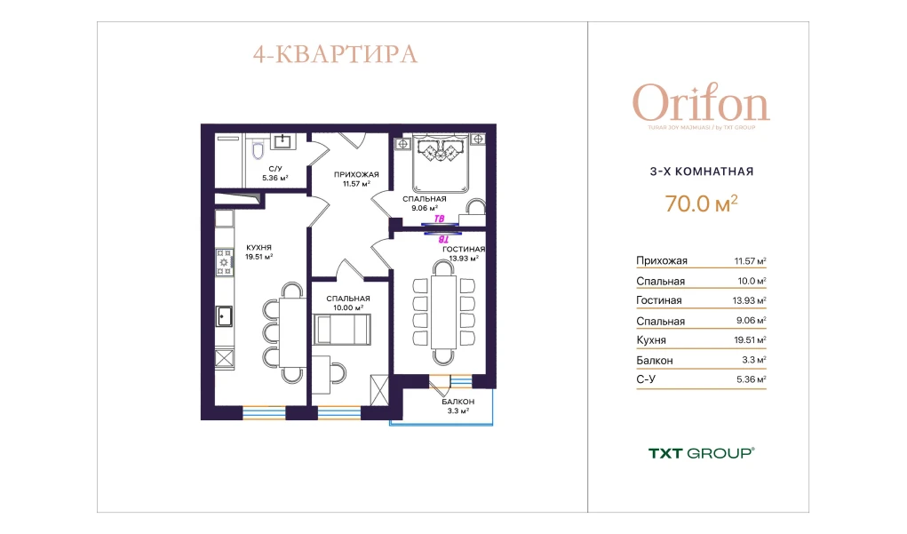 3-комнатная квартира 70 м²  3/3 этаж