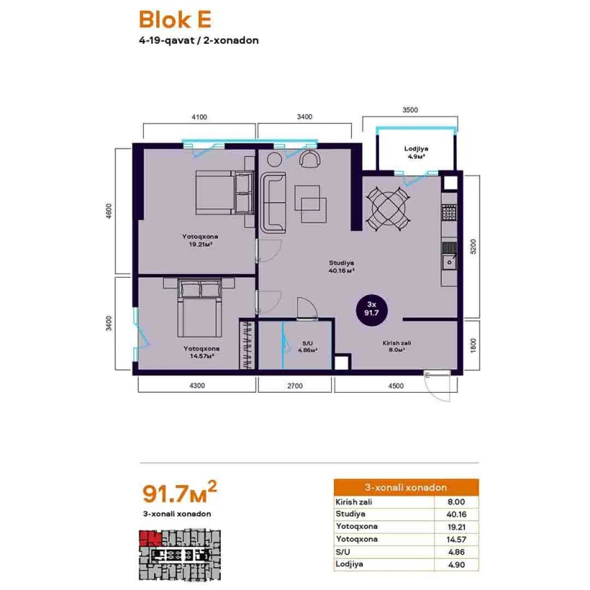 2-комнатная квартира 91.7 м²  13/13 этаж