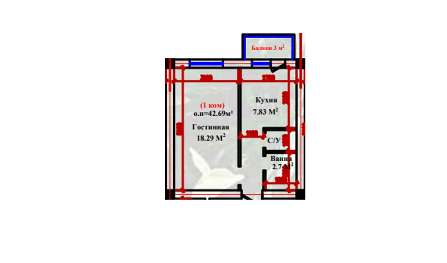 1-xonali xonadon 42.69 m²  2-9/2-9 qavat