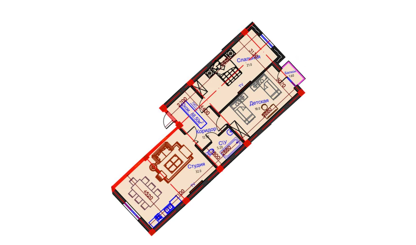 2-комнатная квартира 108 м²  8/8 этаж