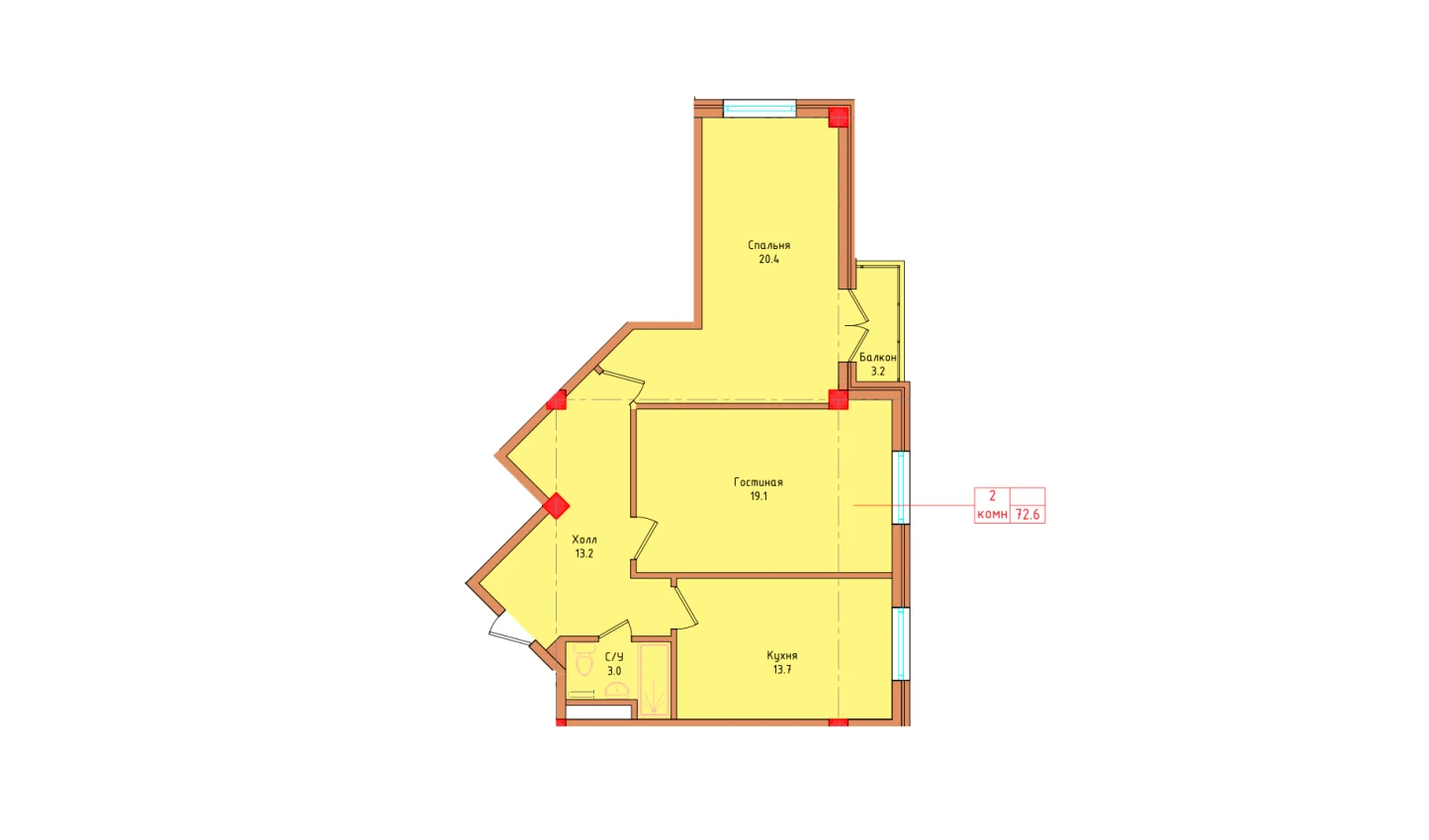 2-комнатная квартира 70.47 м²  6/6 этаж