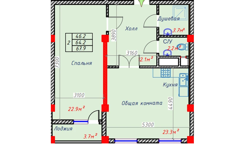 2-комнатная квартира 67.9 м²  9/9 этаж