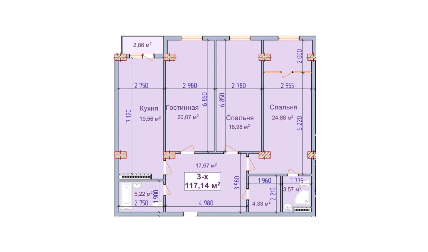 3-xonali xonadon 114.28 m²  4/4 qavat