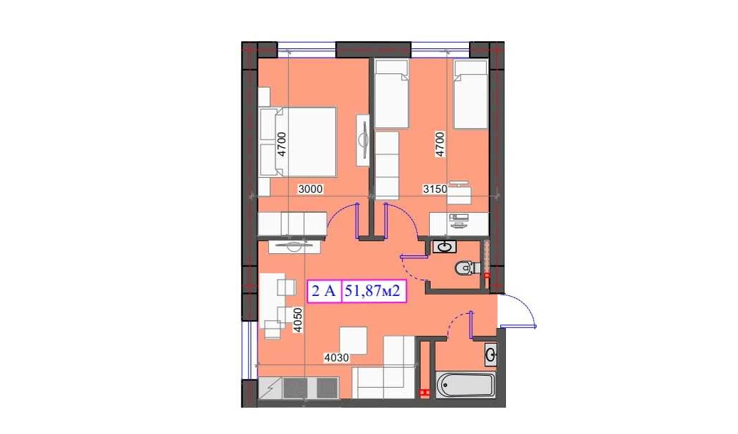 2-комнатная квартира 51.87 м²  0/0 этаж