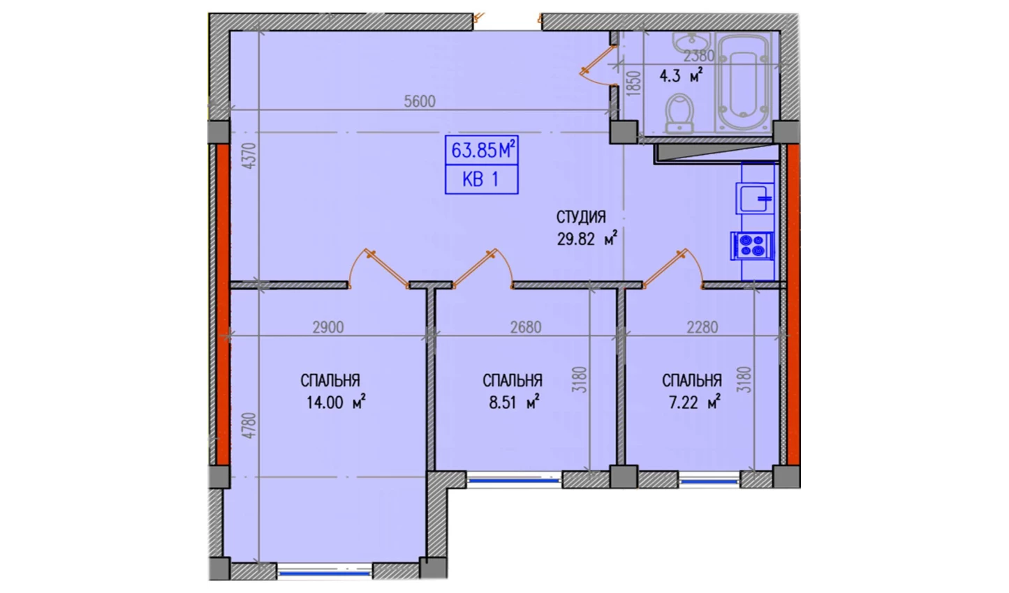 3-комнатная квартира 63.85 м²  1/1 этаж