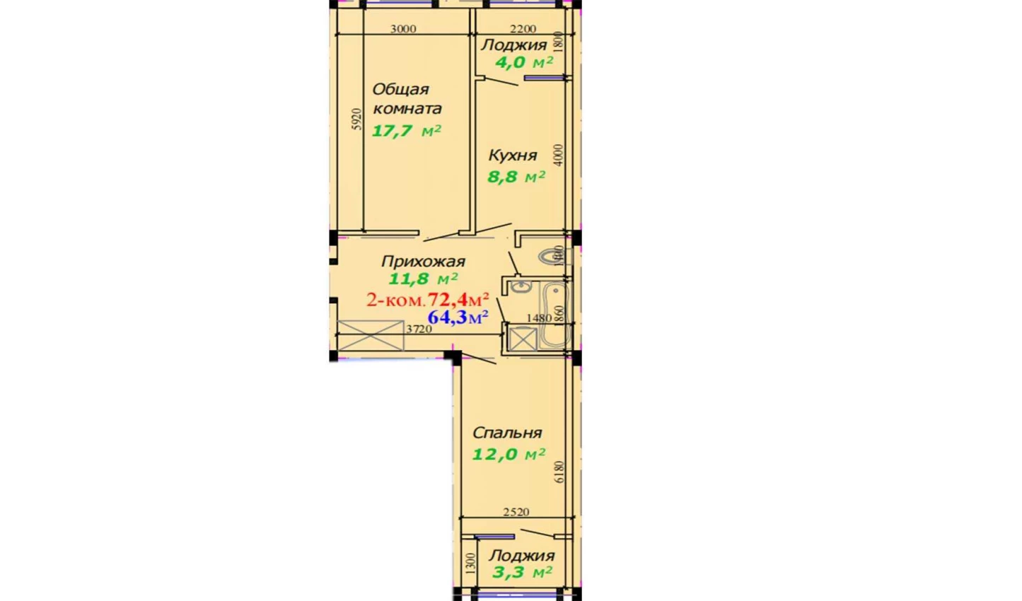 2-комнатная квартира 72.4 м²  1/1 этаж