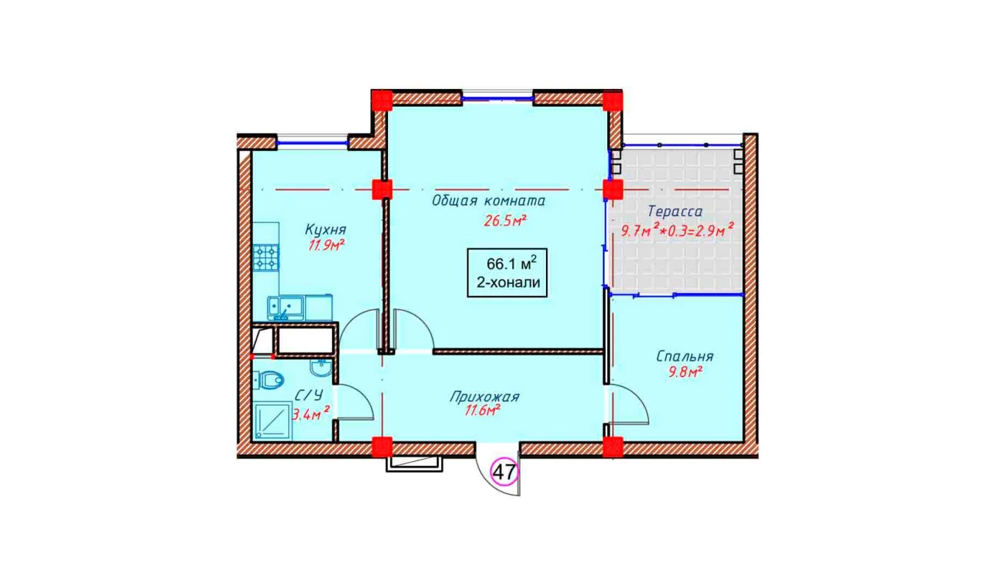 3-комнатная квартира 66.1 м²  10/10 этаж