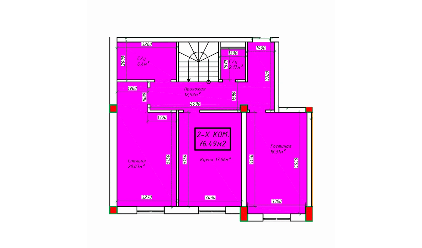 2-комнатная квартира 76.49 м²  1/1 этаж