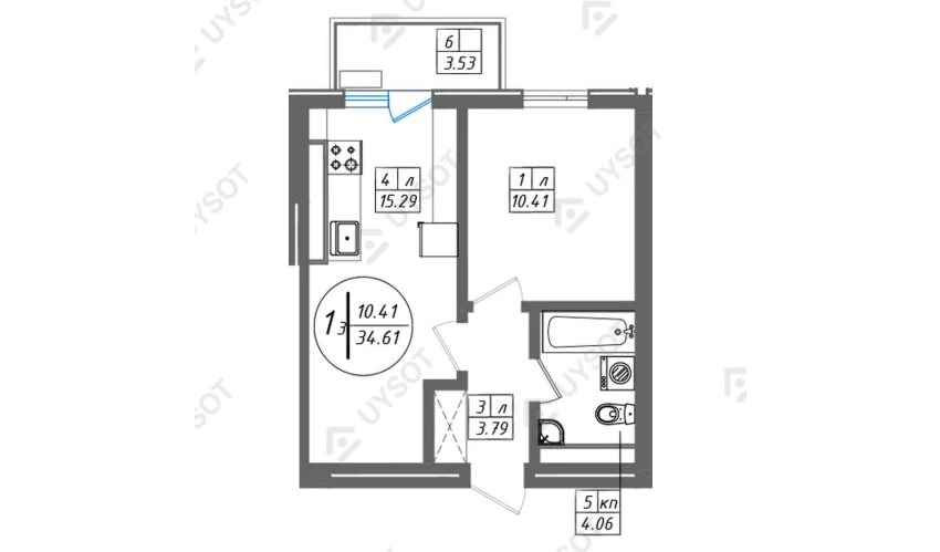 1-комнатная квартира 34.61 м²  11/11 этаж