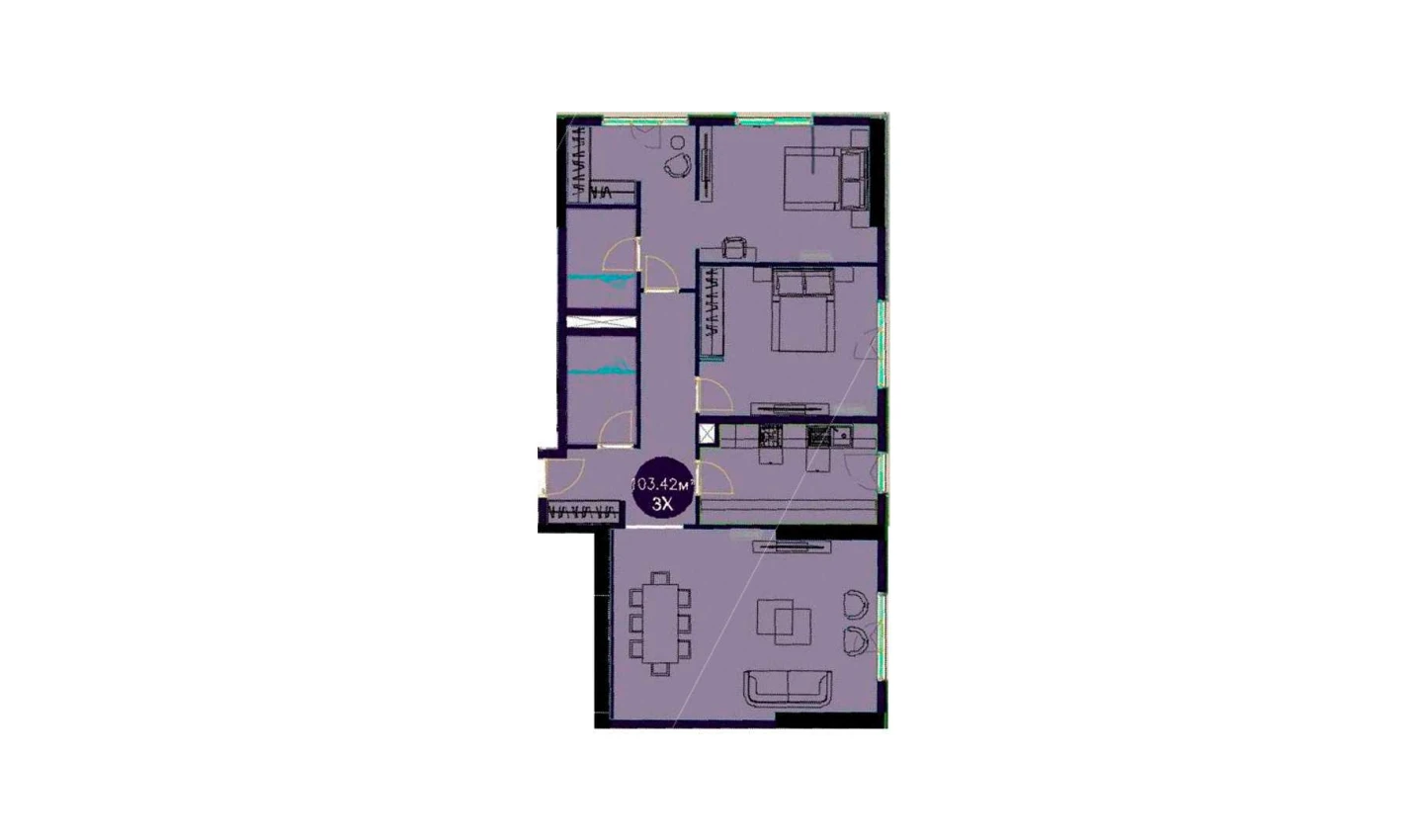 3-комнатная квартира 103.42 м²  2/2 этаж