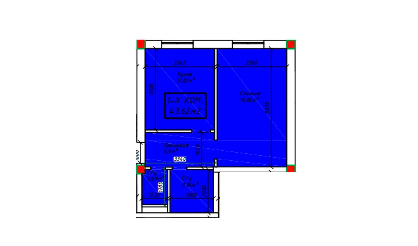 1-xonali xonadon 43.62 m²  2/2 qavat