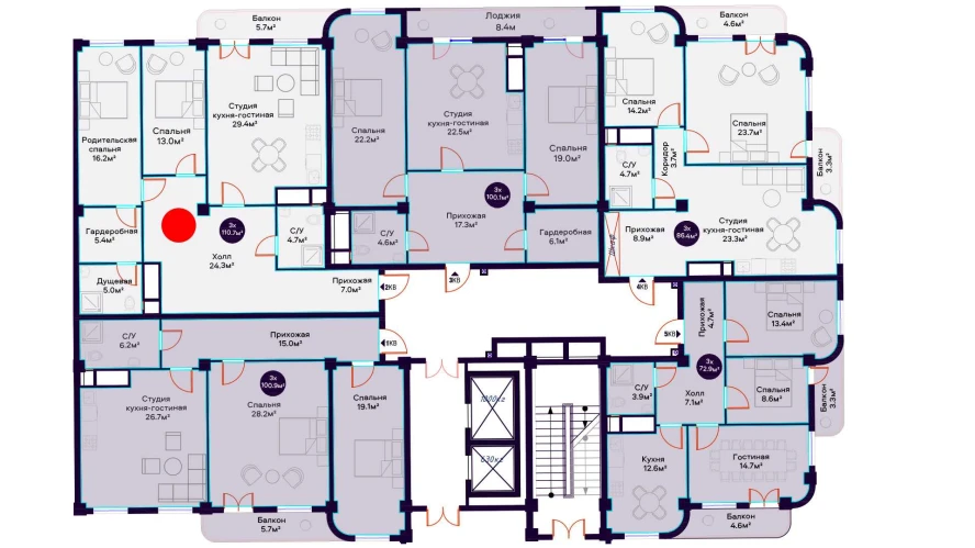 3-комнатная квартира 110.7 м²  12/12 этаж