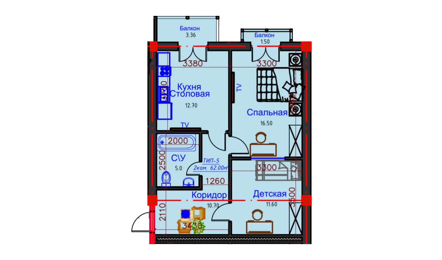 2-комнатная квартира 62 м²  9/9 этаж