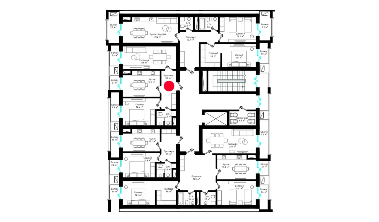 2-комнатная квартира 69.1 м²  7/7 этаж