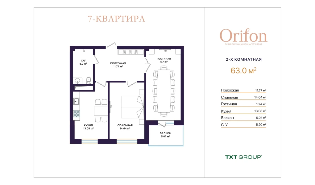 2-xonali xonadon 63 m²  2/2 qavat