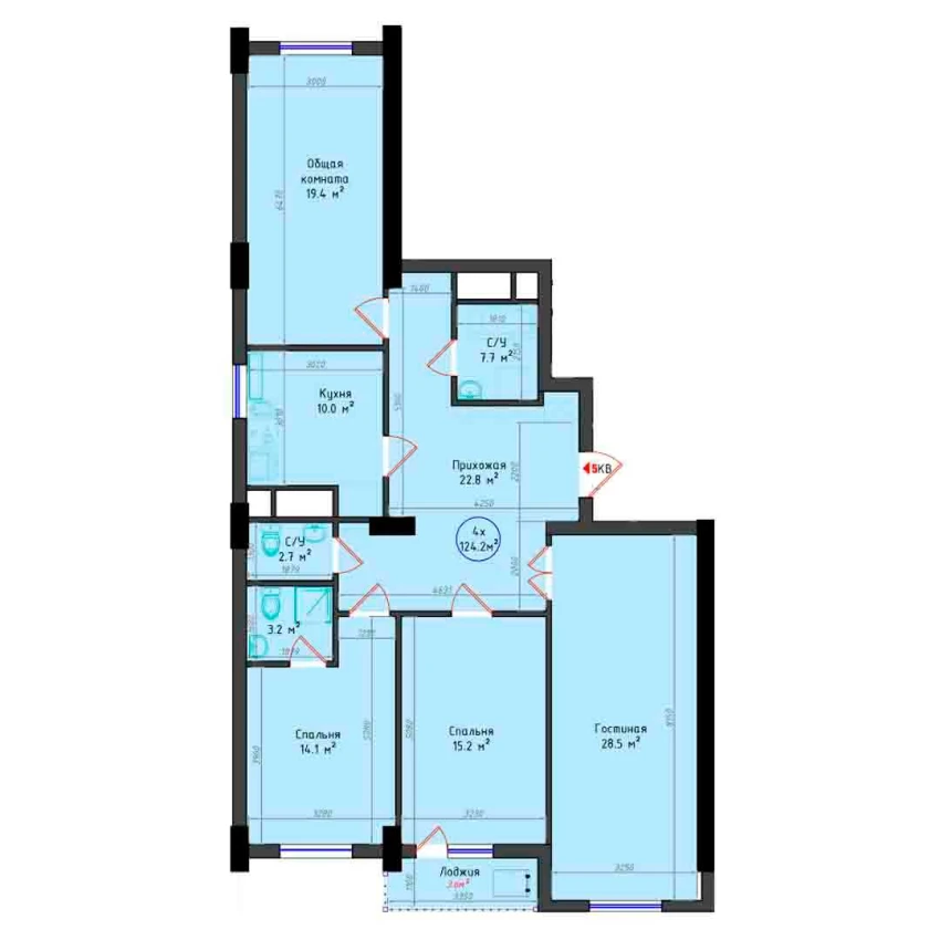 4-комнатная квартира 124.2 м²  9/9 этаж