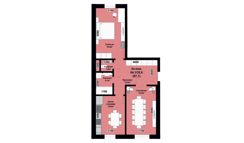 2-комнатная квартира 67.1 м²  6/6 этаж