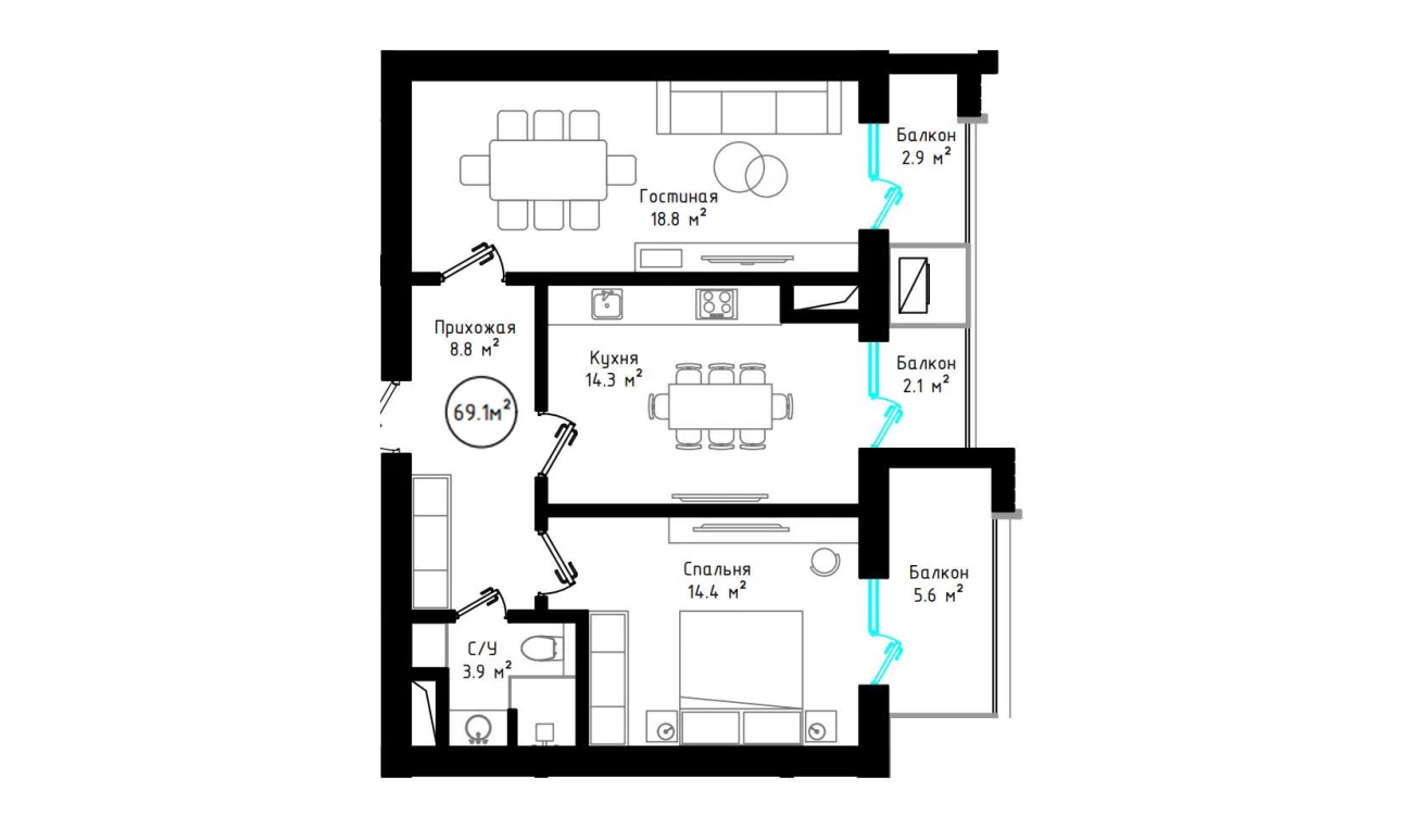 2-комнатная квартира 69.1 м²  7/7 этаж