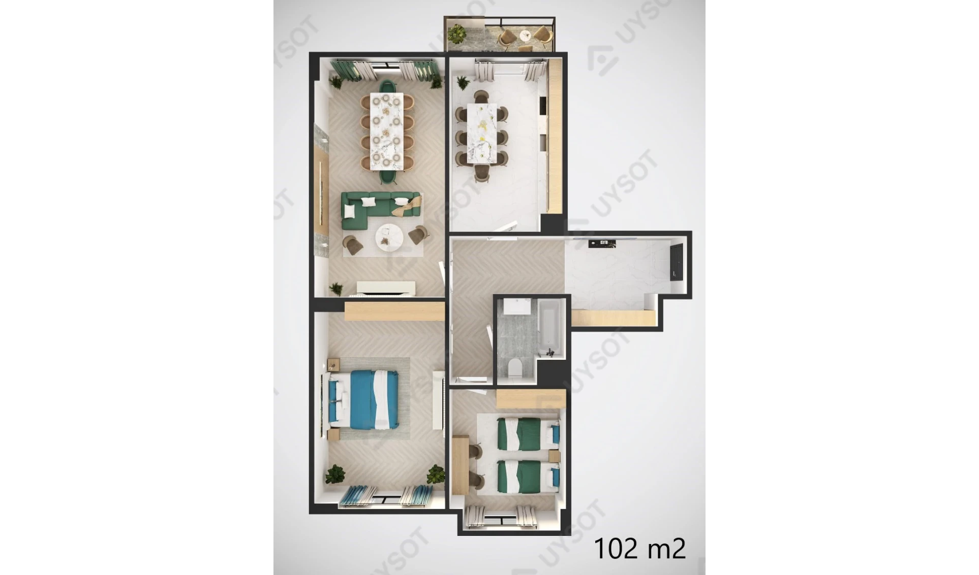 3-комнатная квартира 102 м²  1/1 этаж