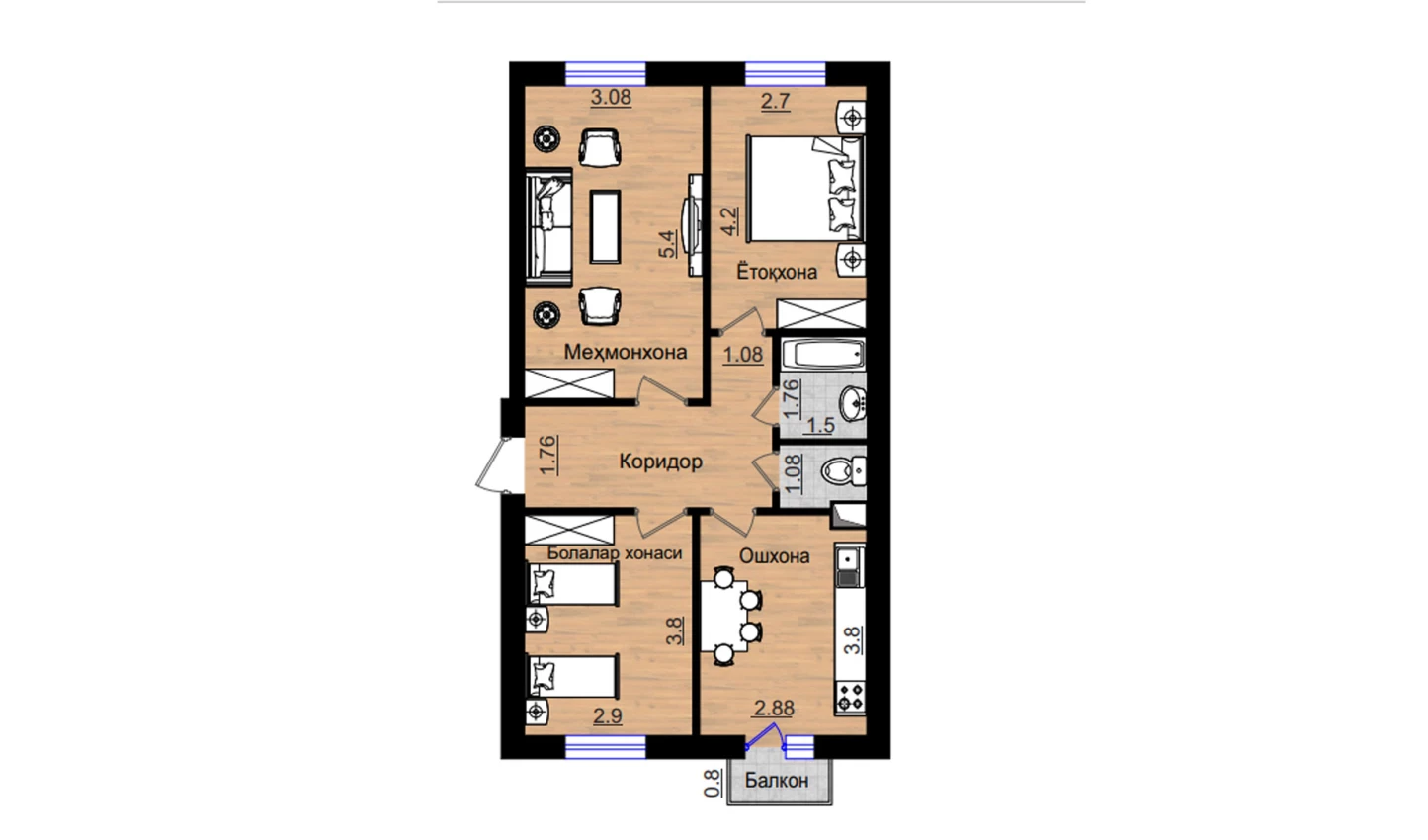 3-xonali xonadon 74.08 m²  5/5 qavat