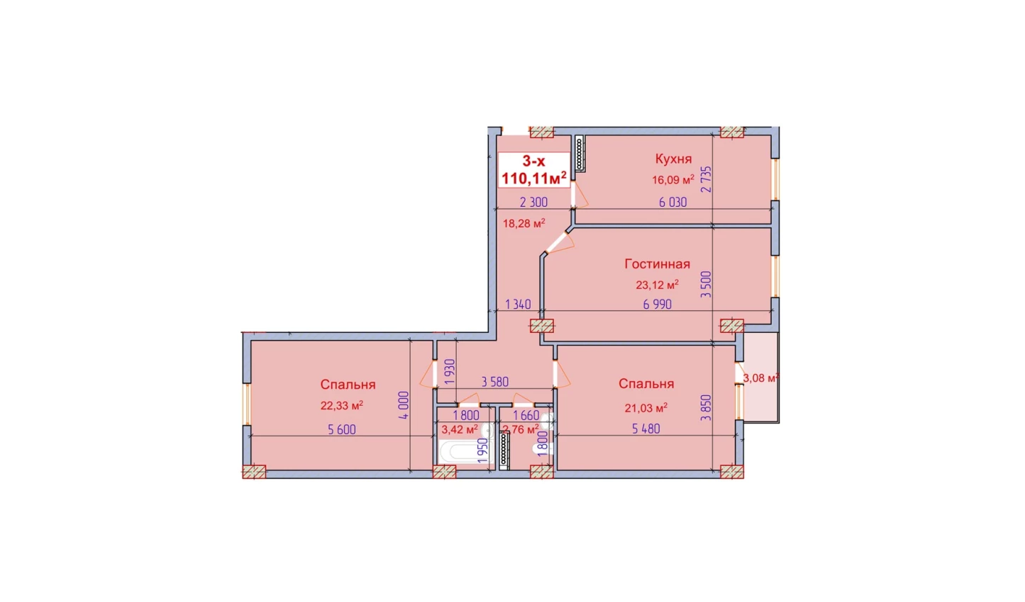 3-комнатная квартира 107.03 м²  9/9 этаж