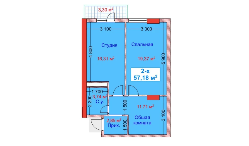 2-комнатная квартира 57.18 м²  8/8 этаж